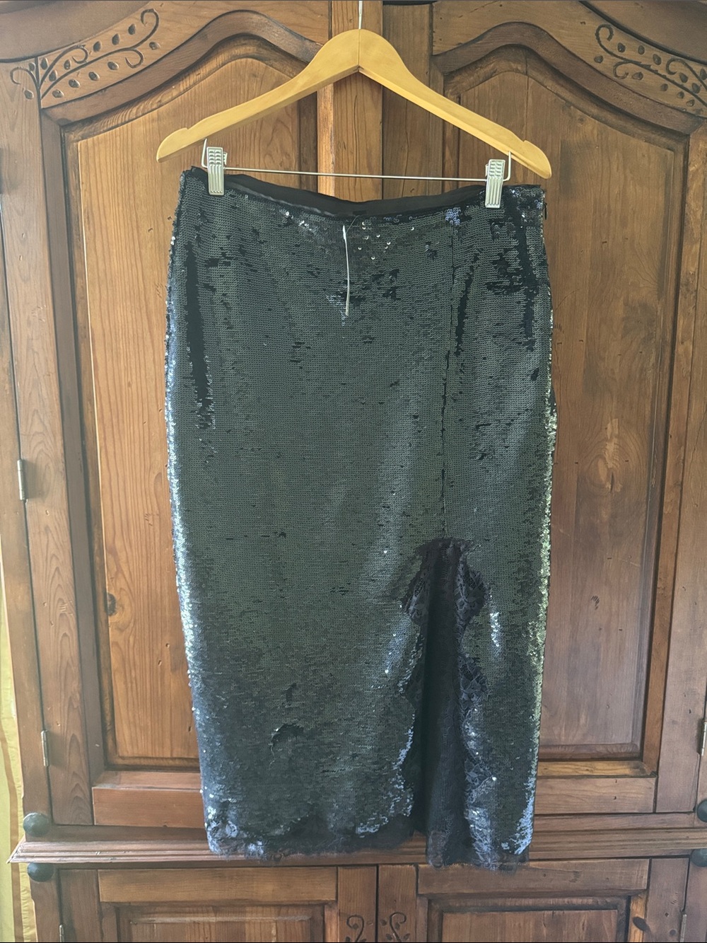 NWT JCREW COLLECTION BLACK SEQUIN MIDI SKIRT LACE TRIM FRONT SLIT. SIZE 10.